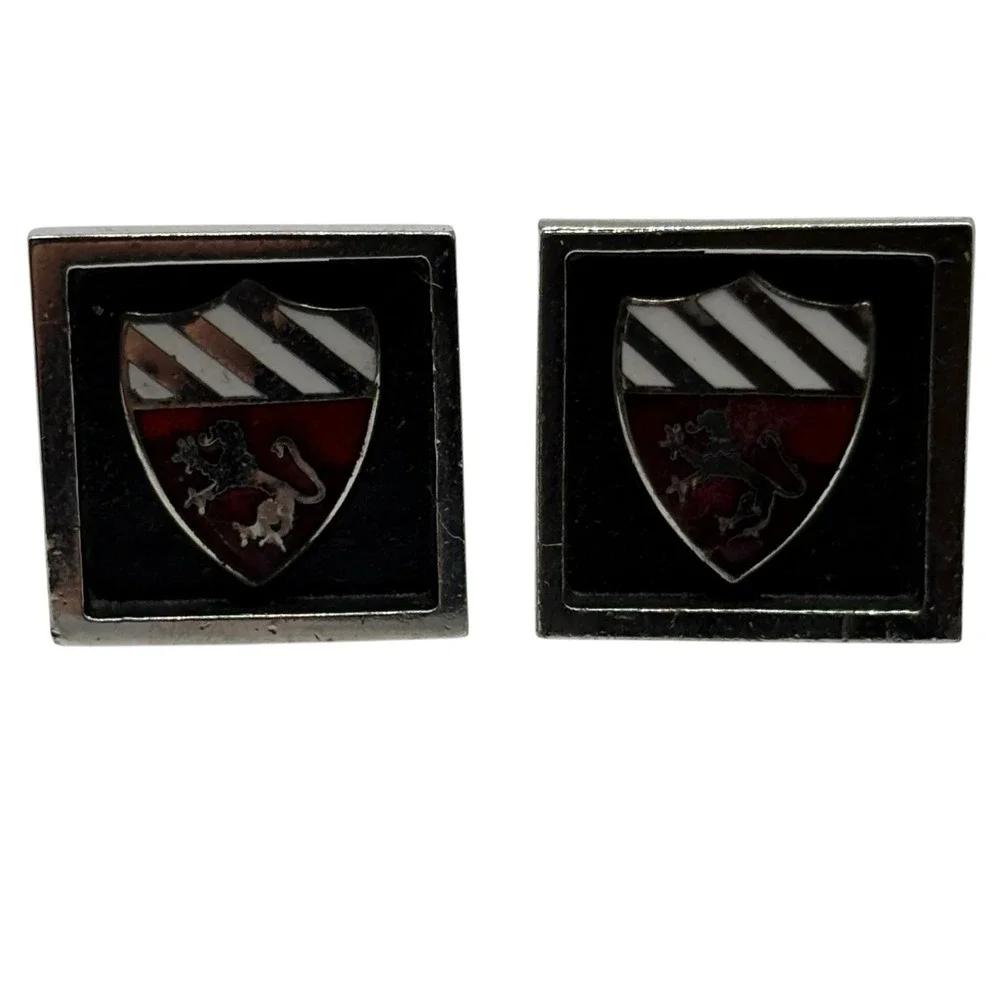Fighting Lion Crest‎ Square Cuff Links Tie Bar Set Black Red Silver Tone Vintage